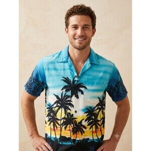 Aloha Republic Made in Hawaii Sunset Palm Tree Short Sleeve Button Up Shirt S
